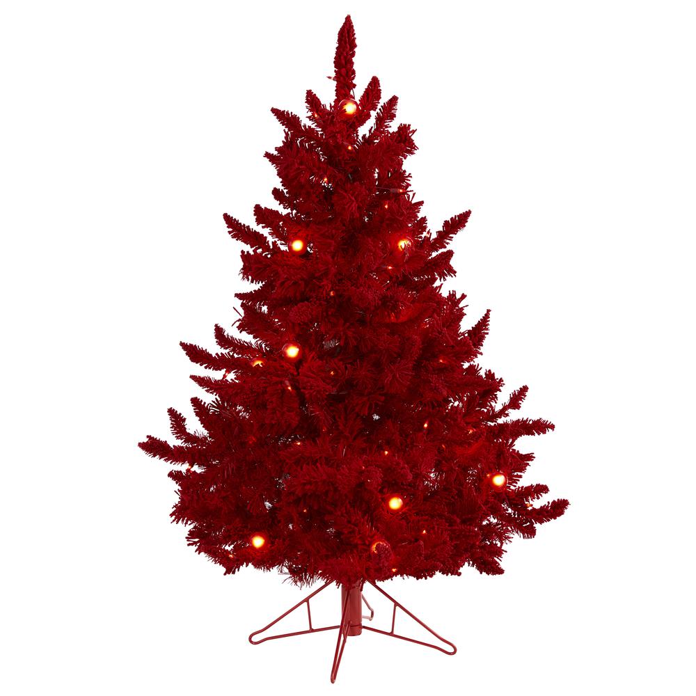 4ft. Red Flocked Fraser Fir Artificial Christmas Tree with 100 Red Lights, 14 Globe Bulbs and 270 Bendable Branches. Picture 3