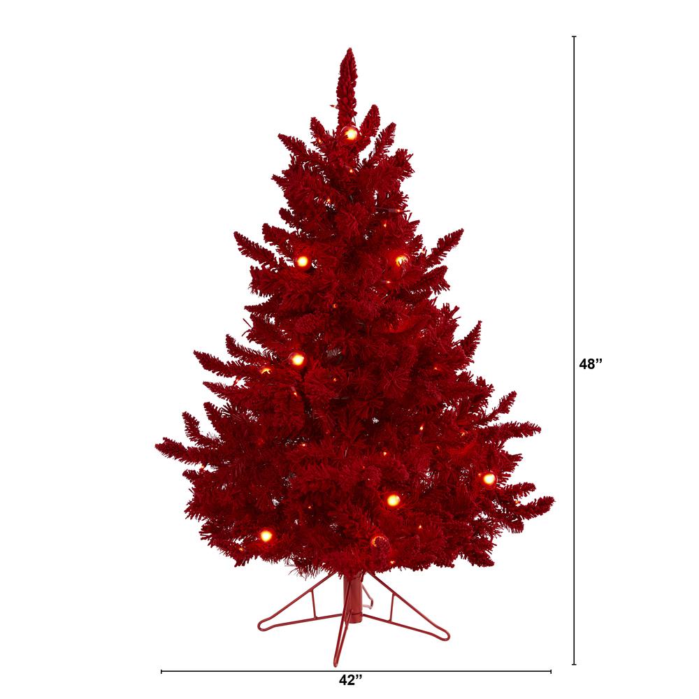 4ft. Red Flocked Fraser Fir Artificial Christmas Tree with 100 Red Lights, 14 Globe Bulbs and 270 Bendable Branches. Picture 1