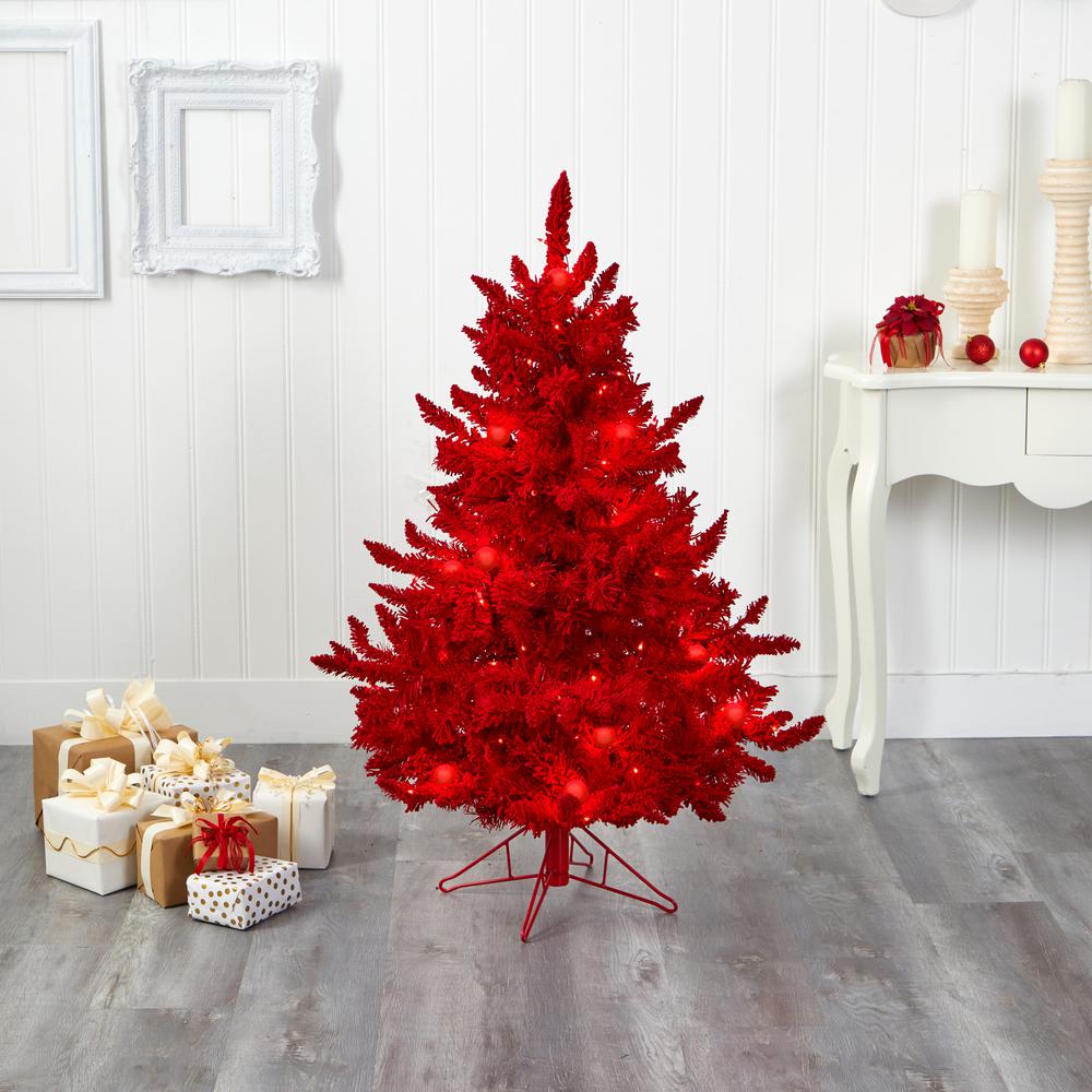 4ft. Red Flocked Fraser Fir Artificial Christmas Tree with 100 Red Lights, 14 Globe Bulbs and 270 Bendable Branches. Picture 5