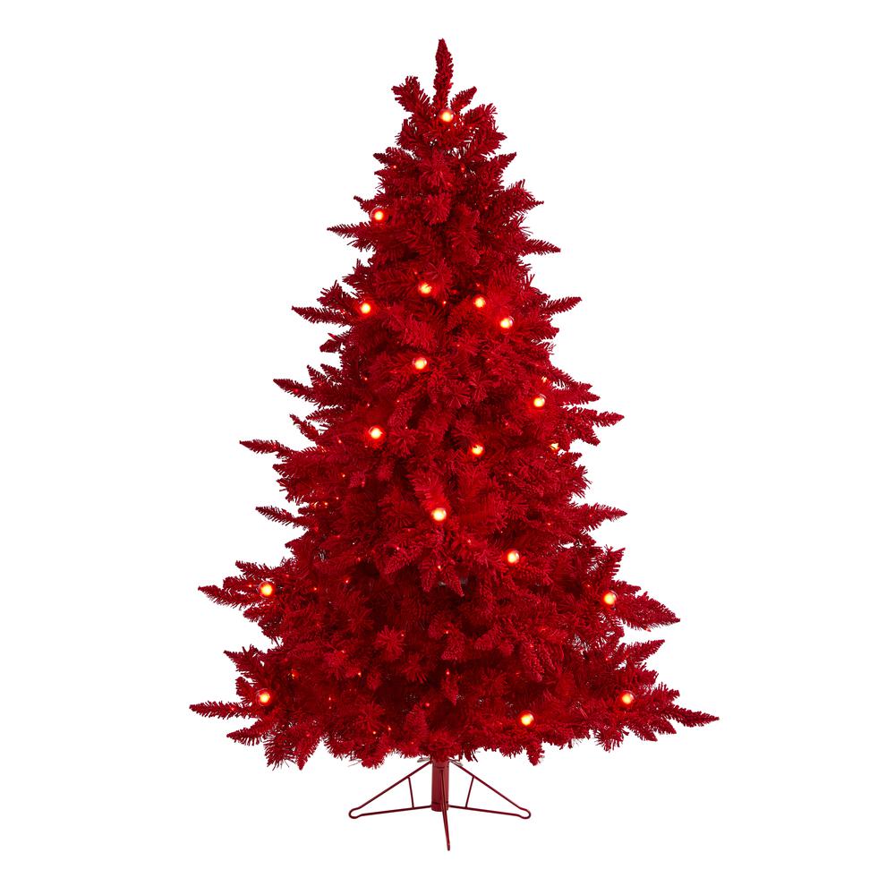 6ft. Red Flocked Fraser Fir Artificial Christmas Tree with 350 Red Lights, 33 Globe Bulbs and 748 Bendable Branches. Picture 6