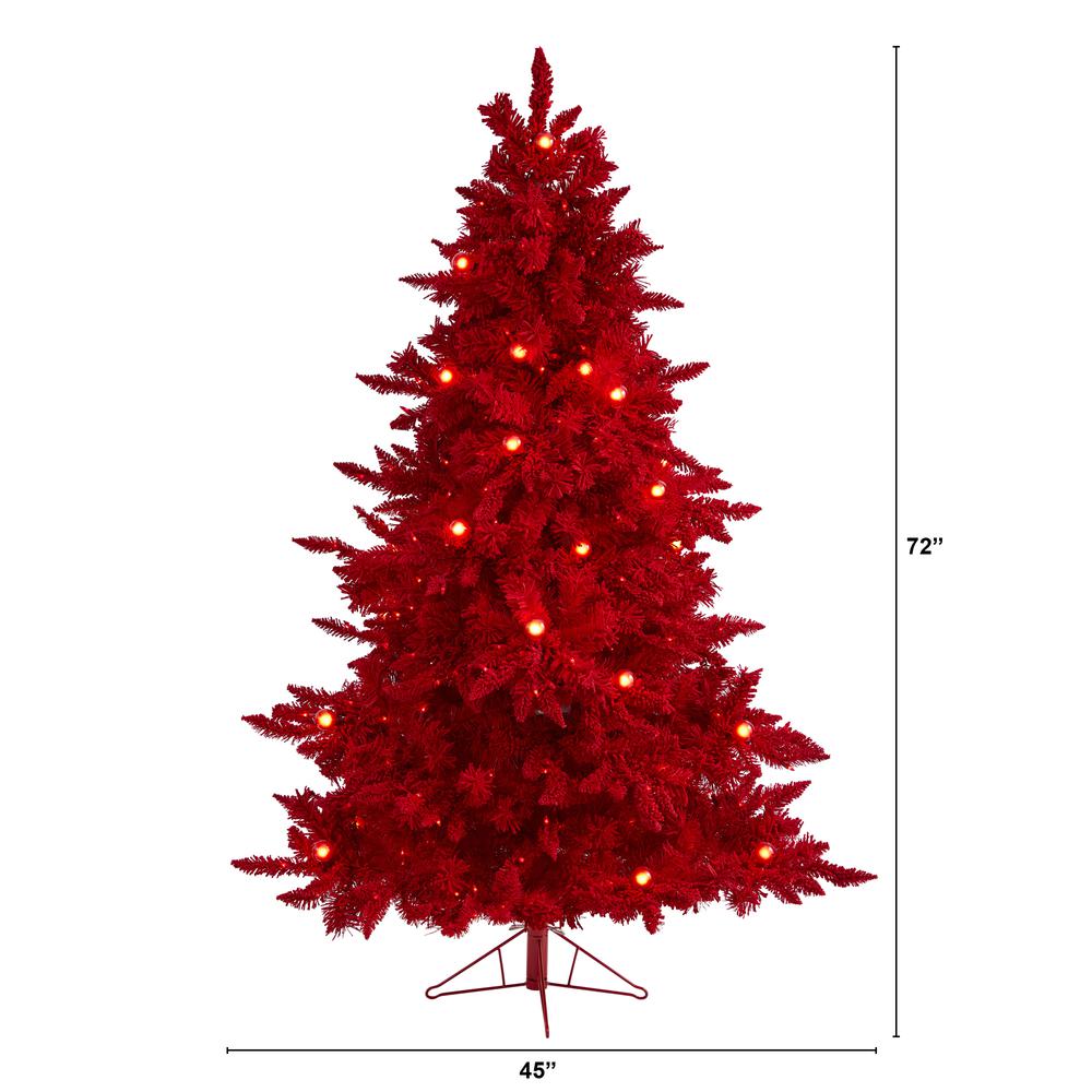 6ft. Red Flocked Fraser Fir Artificial Christmas Tree with 350 Red Lights, 33 Globe Bulbs and 748 Bendable Branches. Picture 1