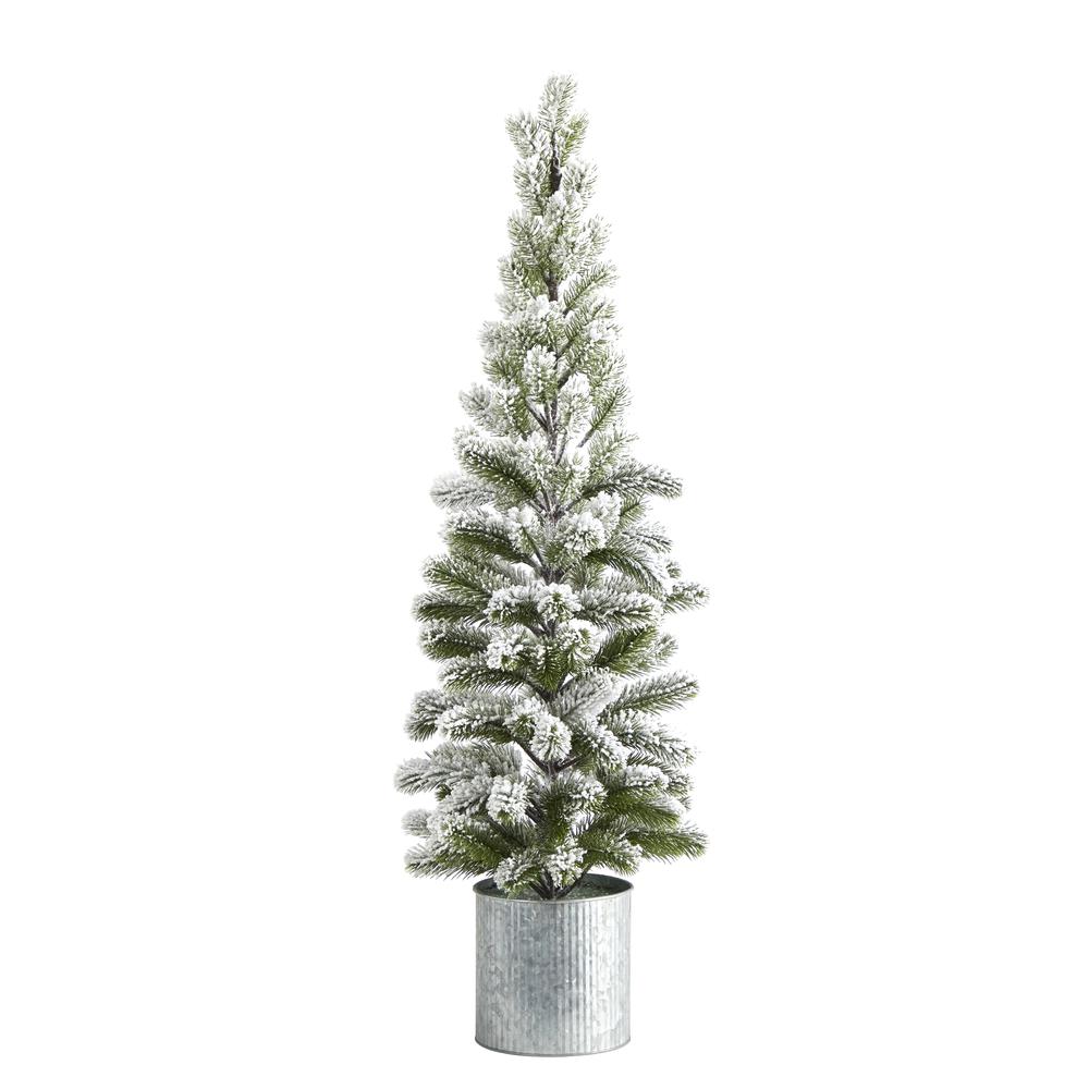 3ft. Flocked Christmas Artificial Pine Tree in Tin Planter. Picture 3