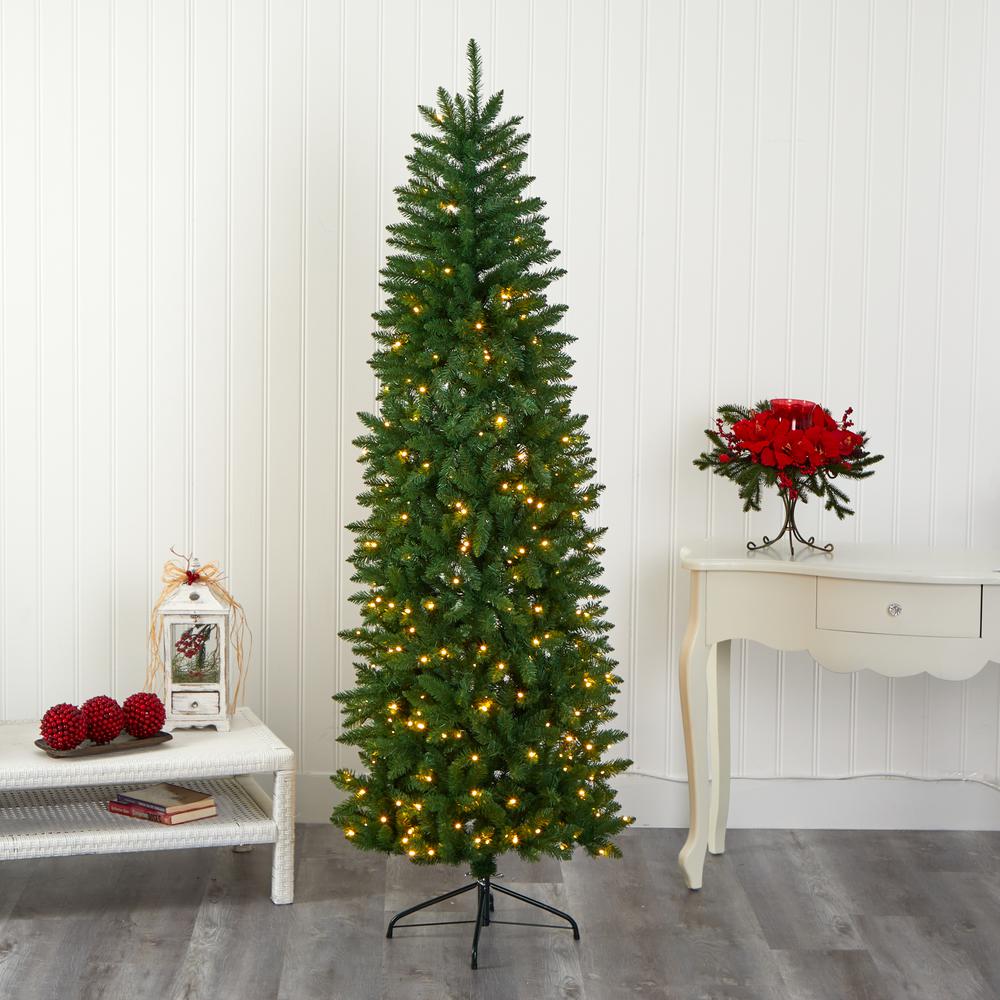 6.5ft. Slim Green Mountain Pine Artificial Christmas Tree with 300 Clear LED Lights. Picture 8