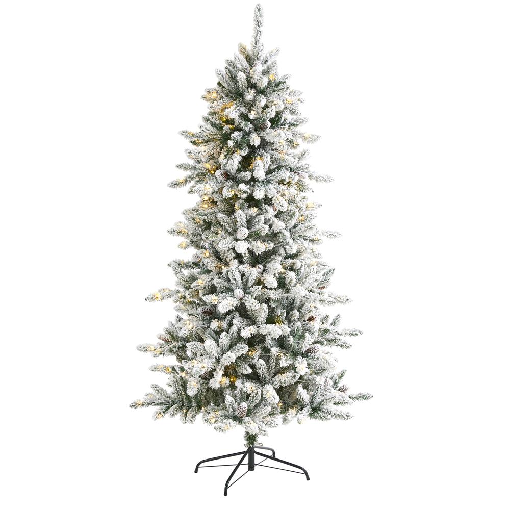 6ft. Flocked Livingston Fir Artificial Christmas Tree with Pine Cones and 300 Clear Warm LED Lights. Picture 1