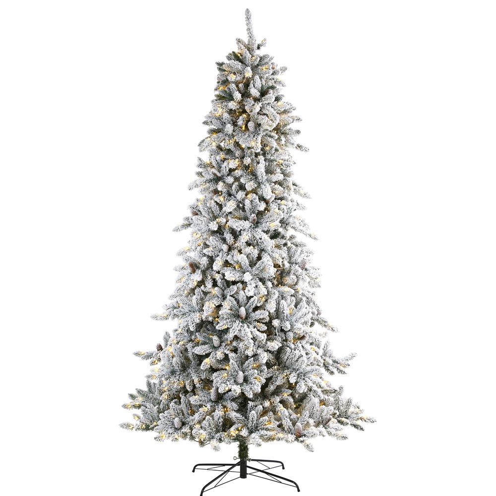9ft. Flocked Livingston Fir Artificial Christmas Tree with Pine Cones and 650 Clear Warm LED Lights. Picture 1