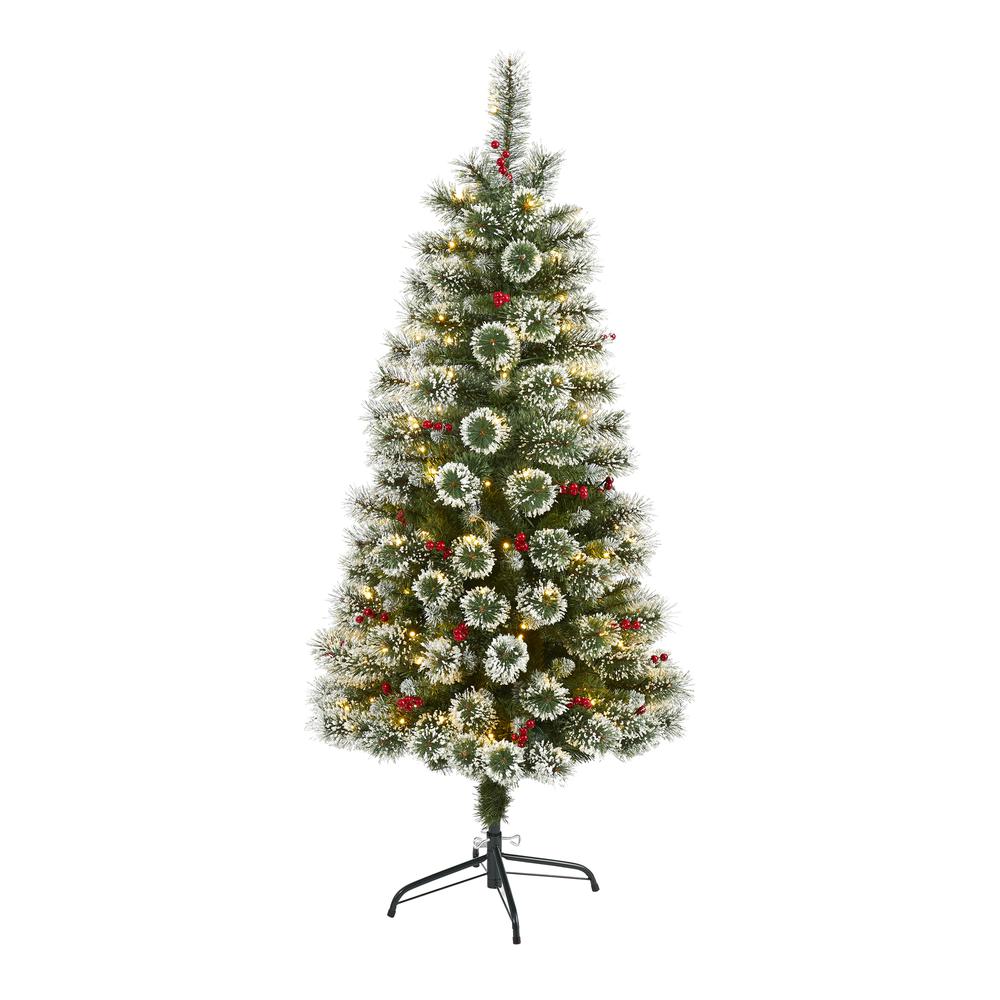 5ft. Frosted Swiss Pine Artificial Christmas Tree with 200 Clear LED Lights and Berries. Picture 1