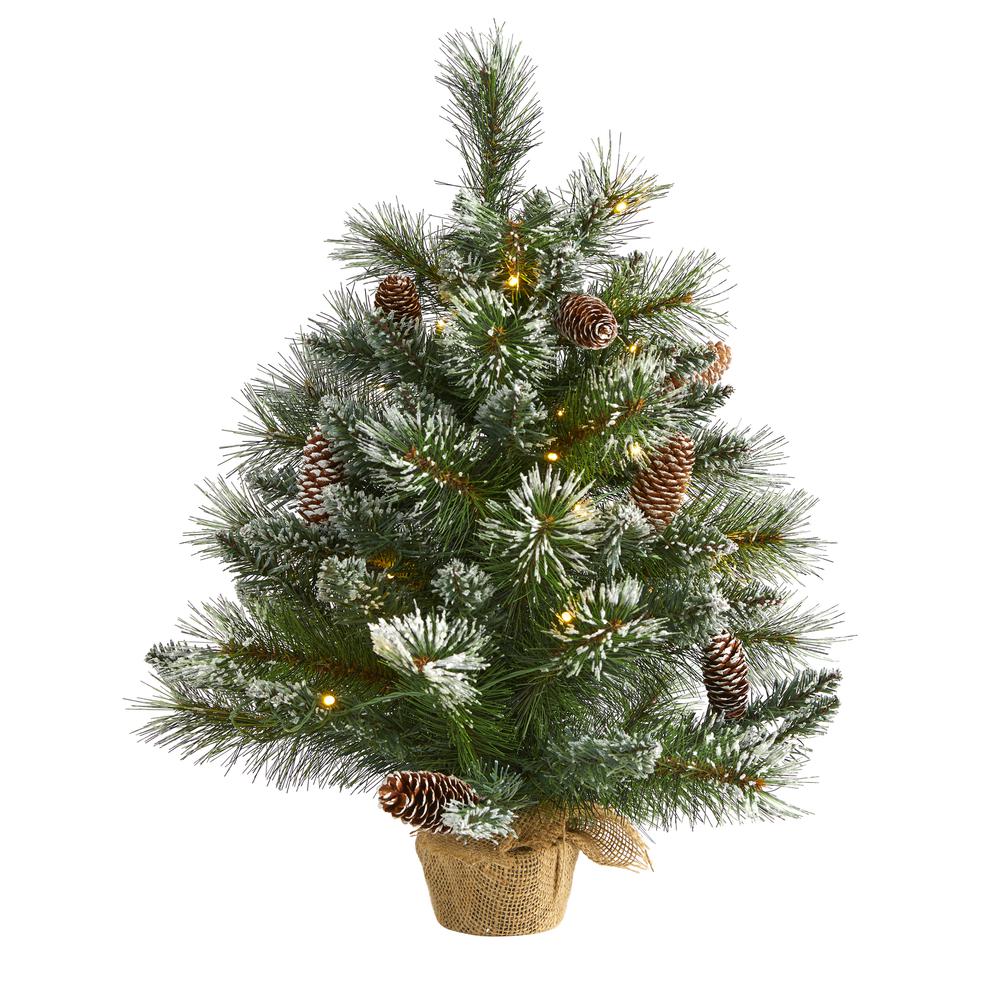 2ft. Frosted Pine Artificial Christmas Tree with 35 Clear LED Lights, Pinecones and Burlap Base. Picture 3