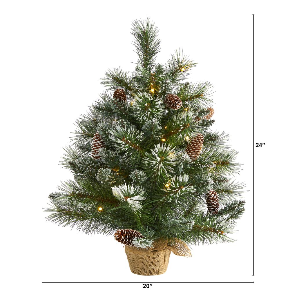 2ft. Frosted Pine Artificial Christmas Tree with 35 Clear LED Lights, Pinecones and Burlap Base. Picture 1