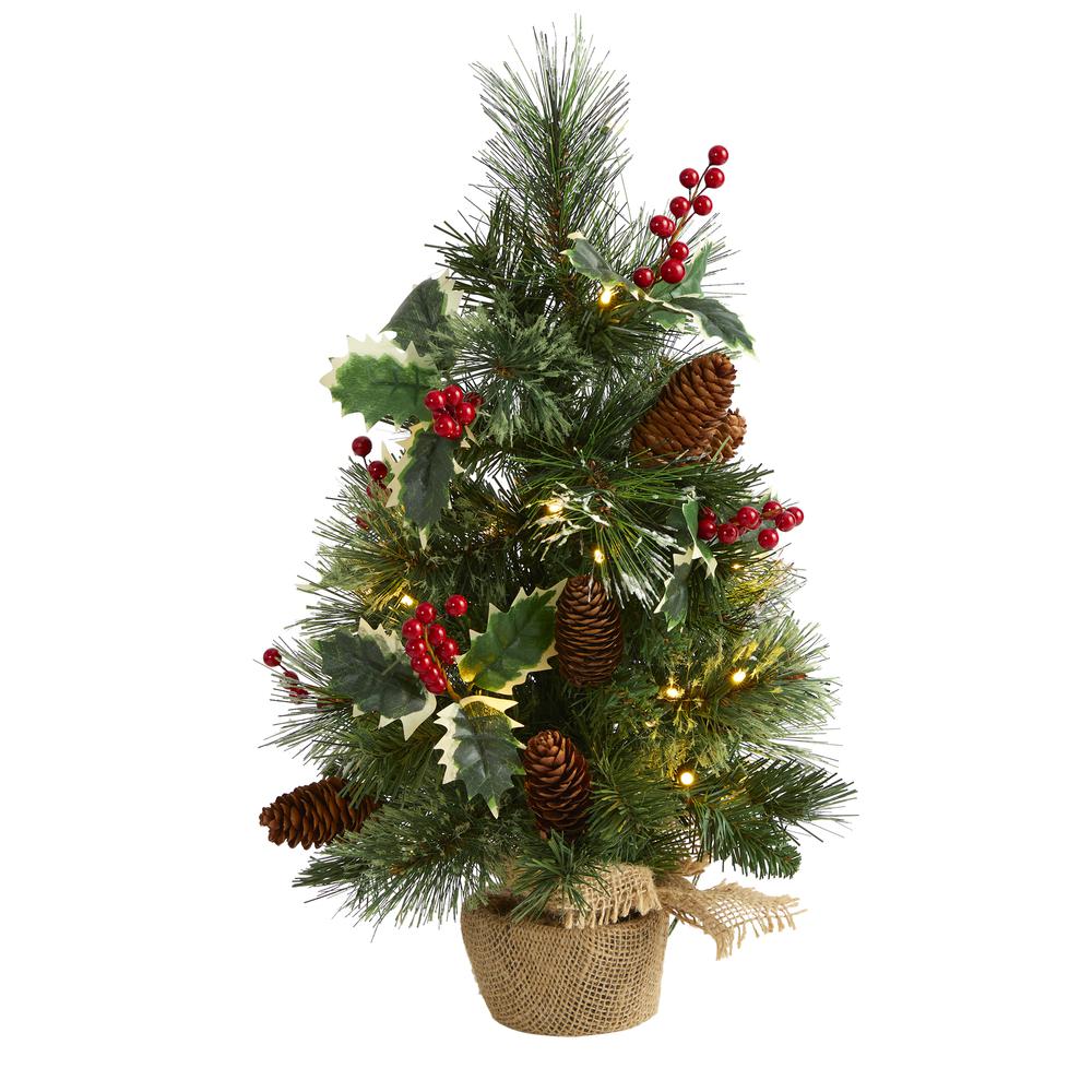 18in. Mixed Pine Artificial Christmas Tree with Holly Berries, Pinecones, 35 Clear LED Lights and Burlap Base. Picture 6