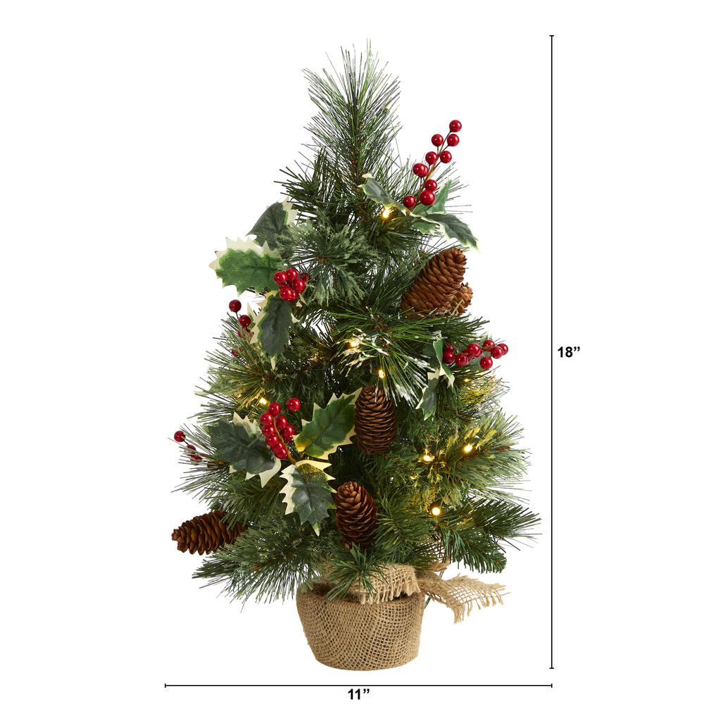 18in. Mixed Pine Artificial Christmas Tree with Holly Berries, Pinecones, 35 Clear LED Lights and Burlap Base. Picture 1