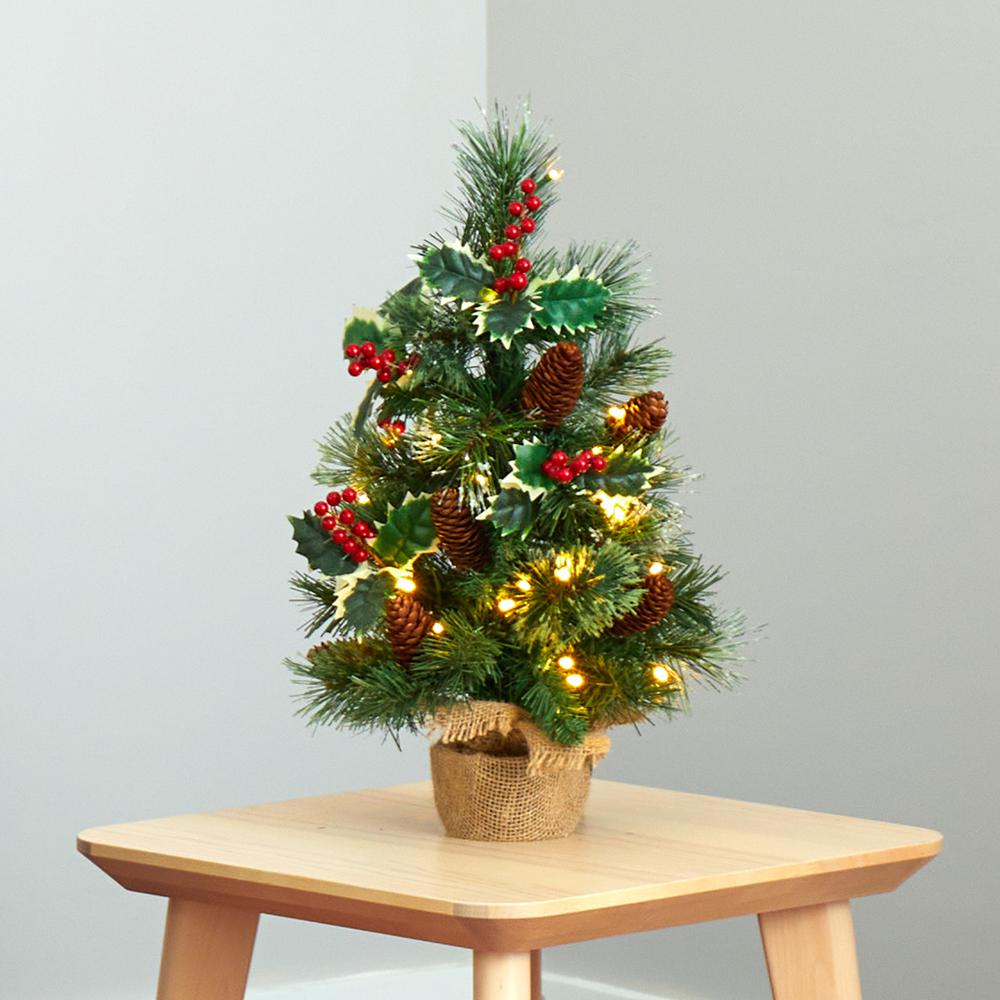 18in. Mixed Pine Artificial Christmas Tree with Holly Berries, Pinecones, 35 Clear LED Lights and Burlap Base. Picture 5