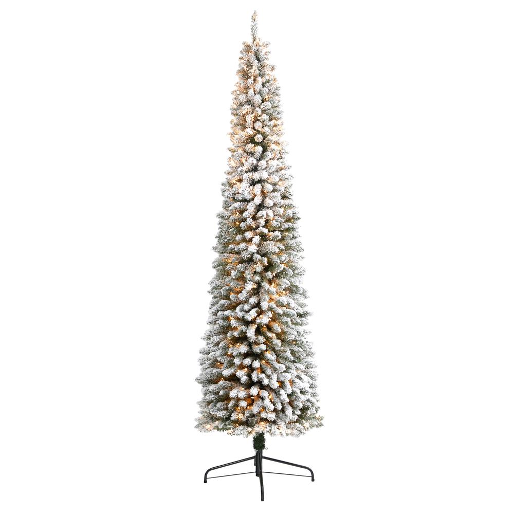 9ft. Flocked Pencil Artificial Christmas Tree with 600 Clear Lights. Picture 1