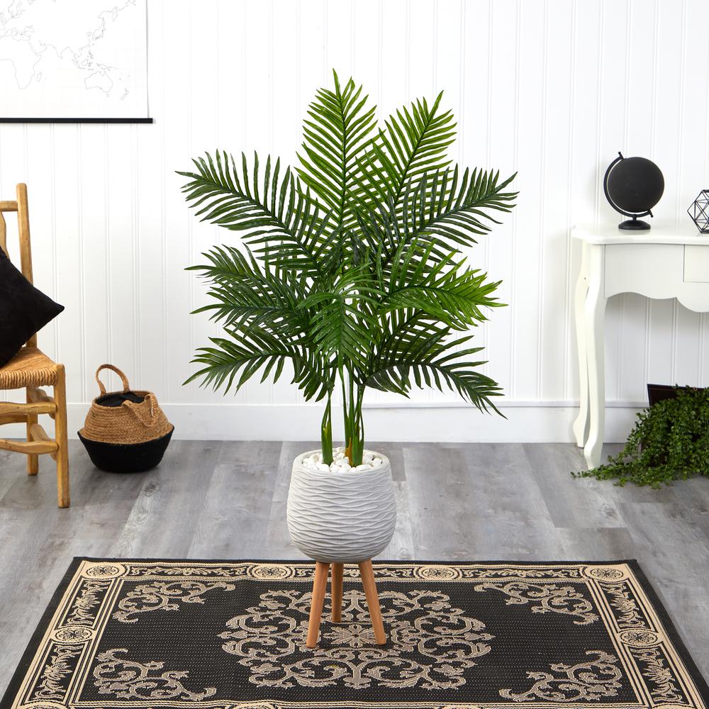 52in. Areca Palm Artificial Tree in White Planter with Stand (Real Touch). Picture 3