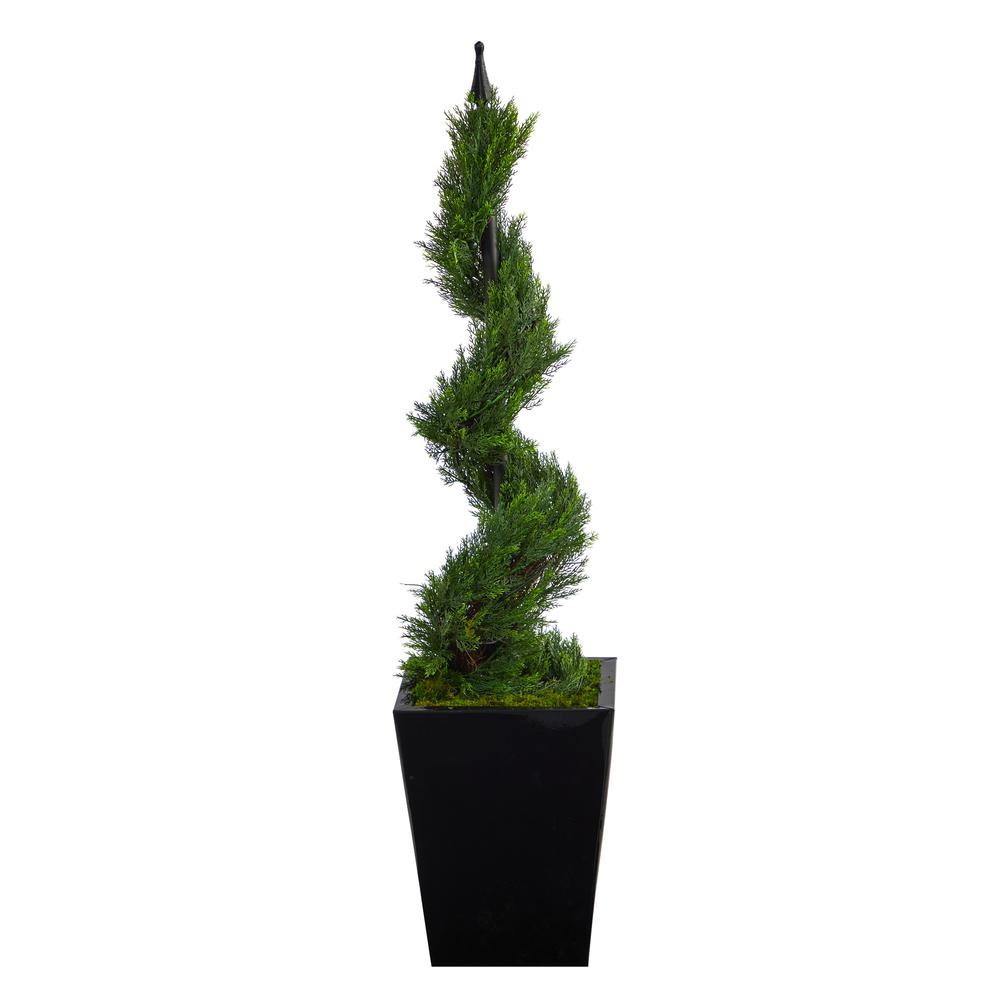 44in. Cypress Spiral Topiary Artificial Tree in Black Metal Planter. Picture 1