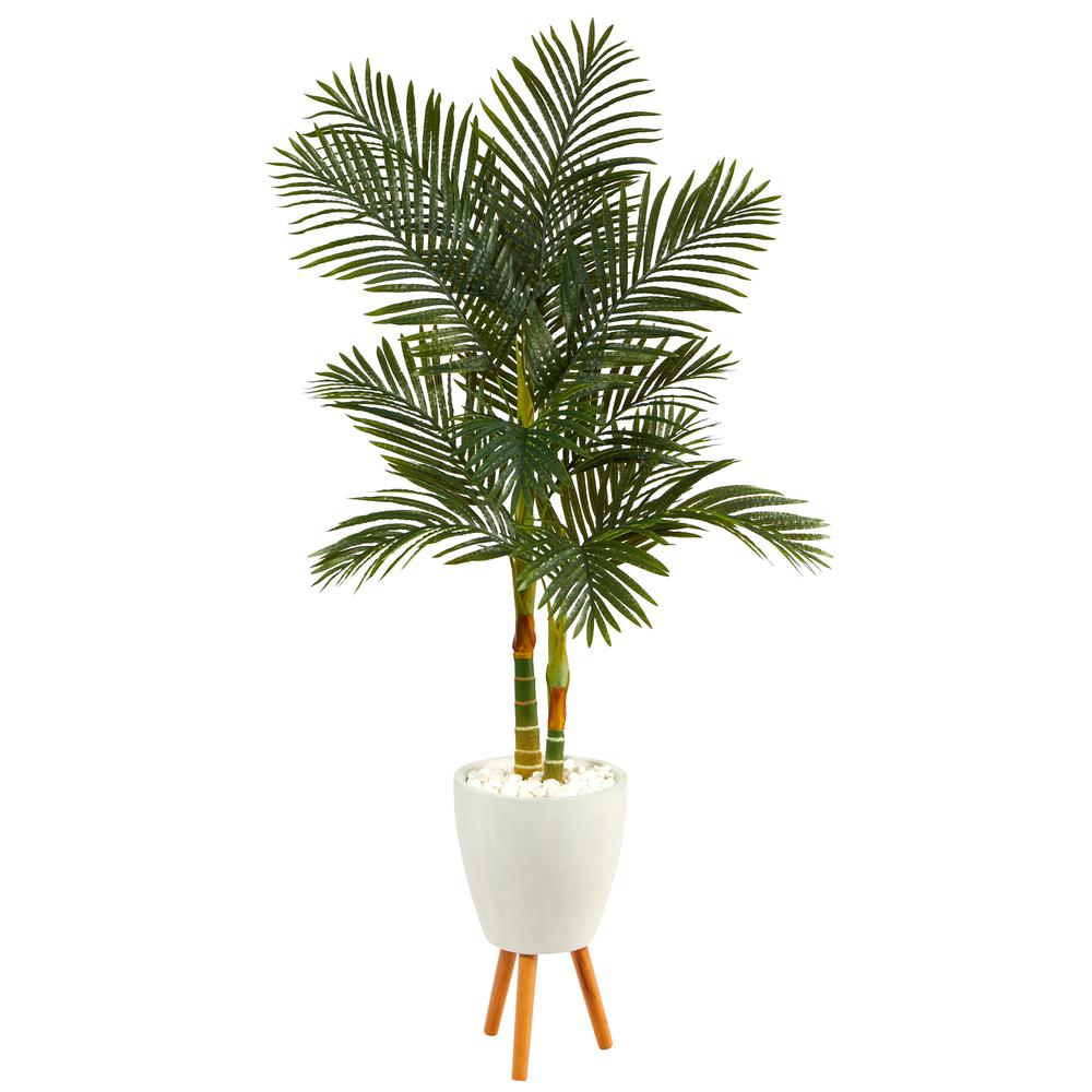 70in. Golden Cane Artificial Palm Tree in White Planter with Stand. Picture 1