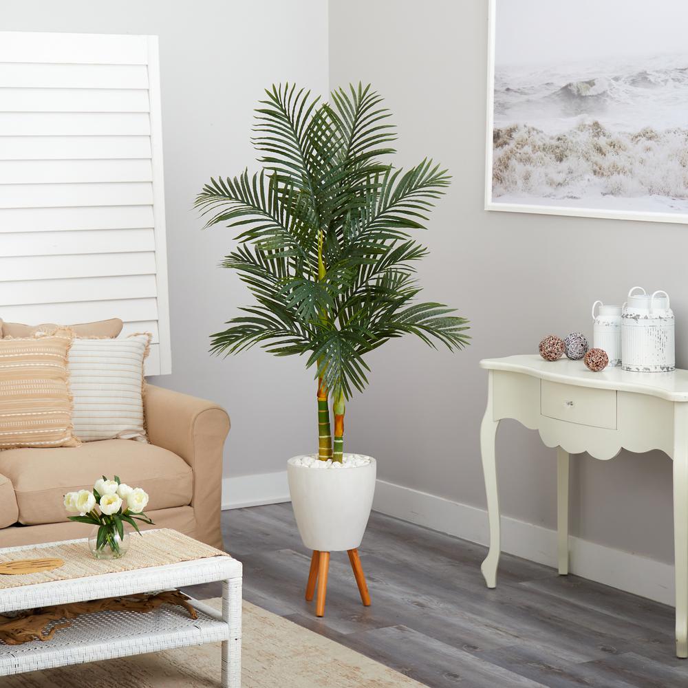 70in. Golden Cane Artificial Palm Tree in White Planter with Stand. Picture 3