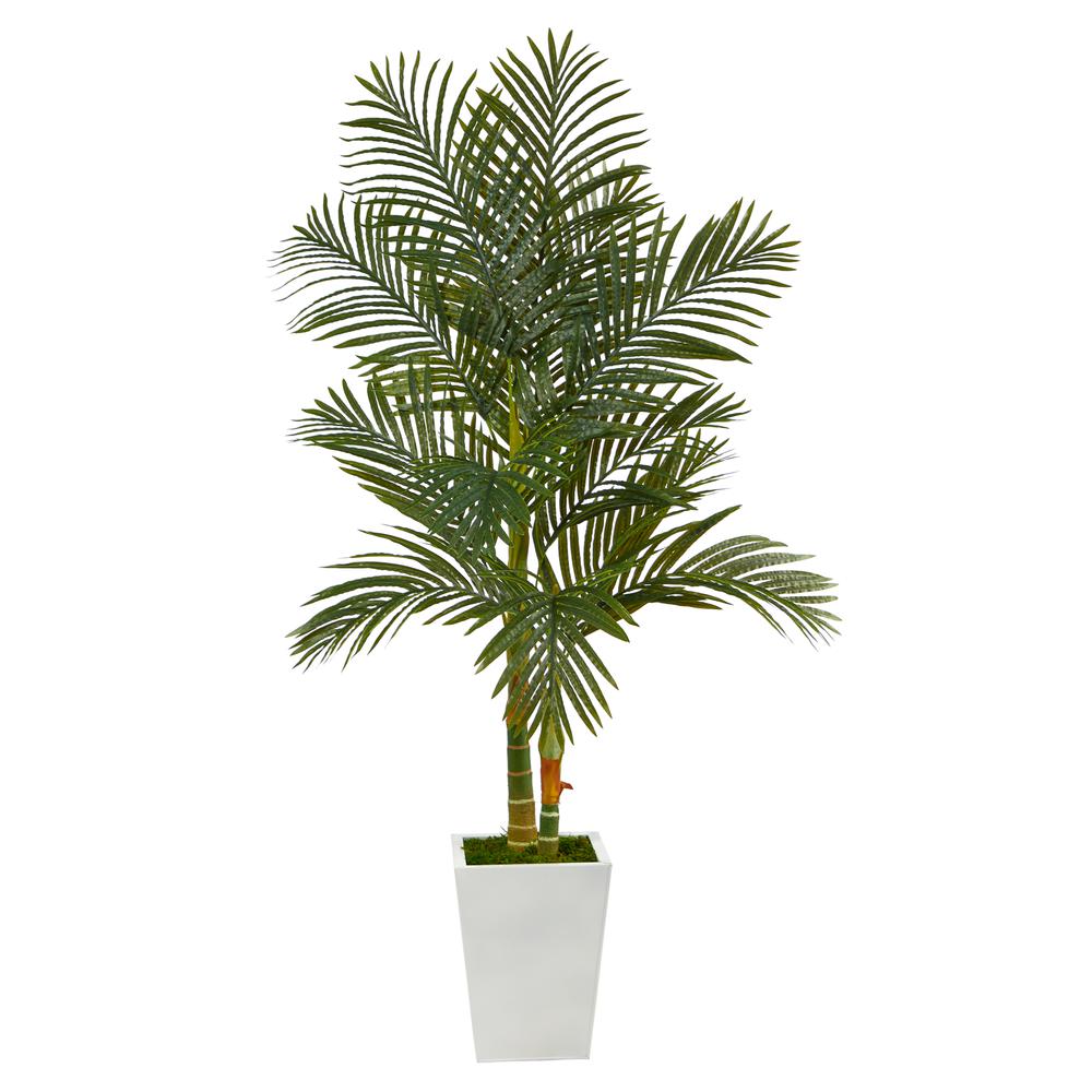 5.5ft. Golden Cane Artificial Palm Tree in White Metal Planter. Picture 1