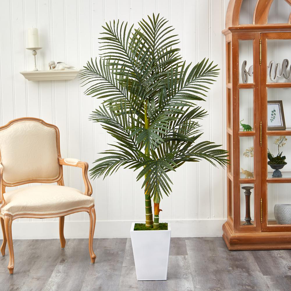 5.5ft. Golden Cane Artificial Palm Tree in White Metal Planter. Picture 2