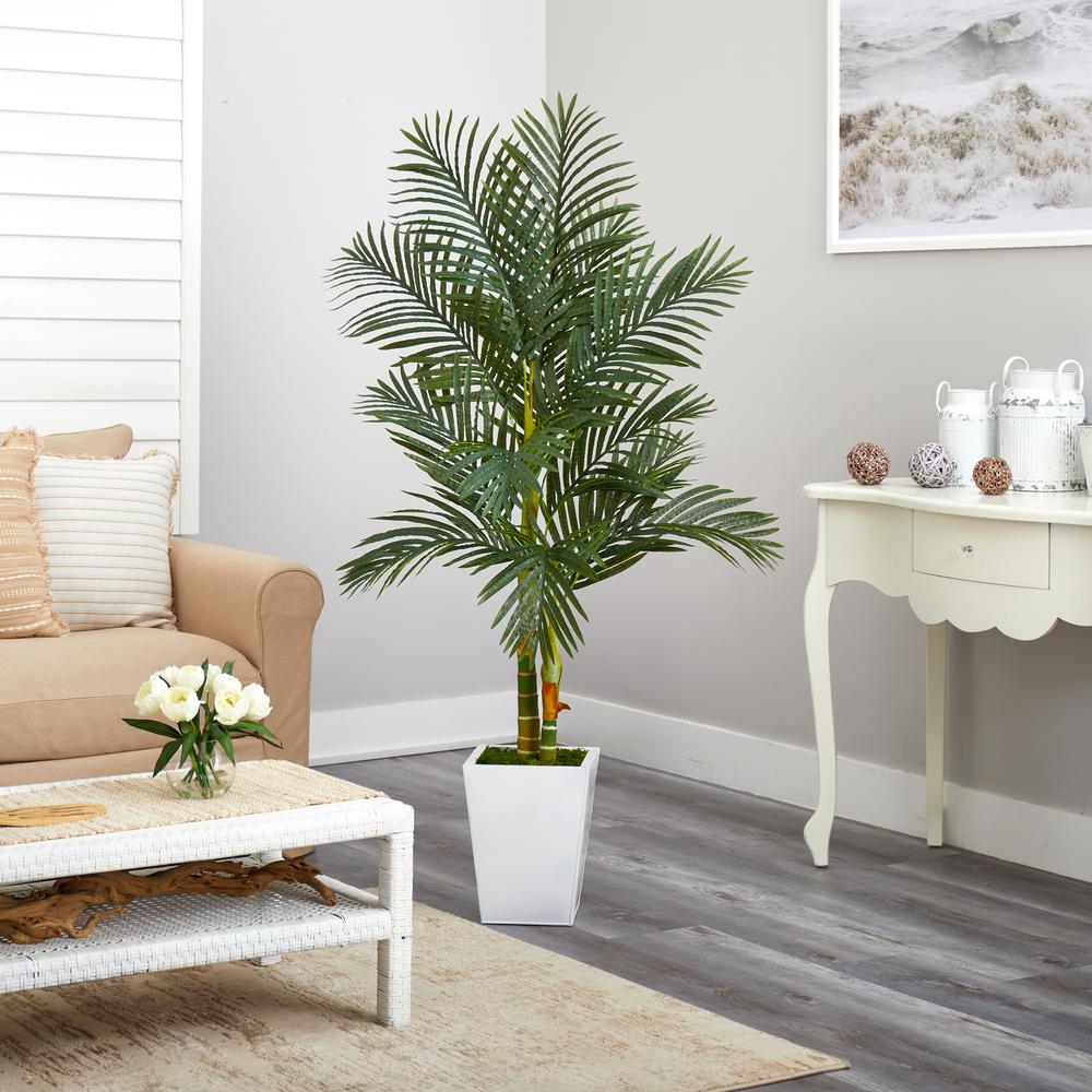 5.5ft. Golden Cane Artificial Palm Tree in White Metal Planter. Picture 3