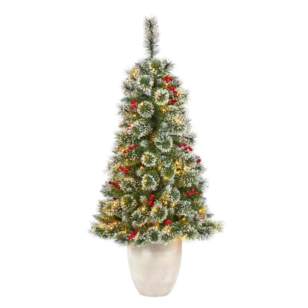 50in. Frosted Swiss Pine Artificial Christmas Tree with 100 Clear LED Lights and Berries in White Planter. Picture 6