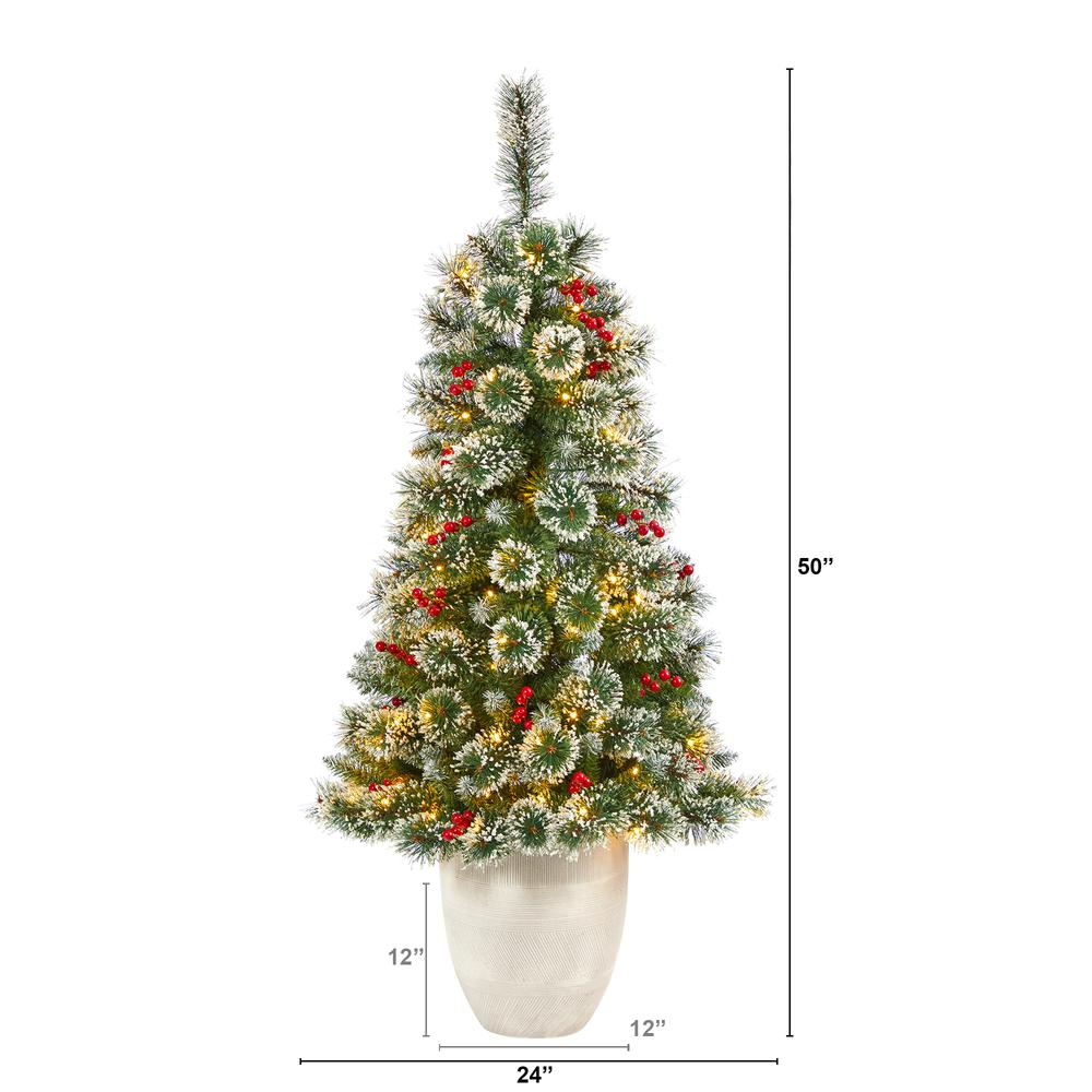 50in. Frosted Swiss Pine Artificial Christmas Tree with 100 Clear LED Lights and Berries in White Planter. Picture 2