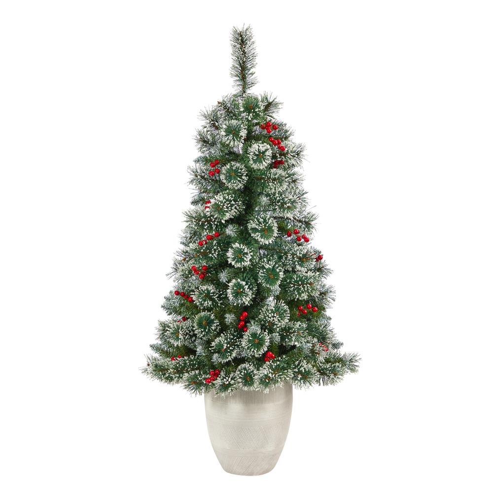 50in. Frosted Swiss Pine Artificial Christmas Tree with 100 Clear LED Lights and Berries in White Planter. Picture 1
