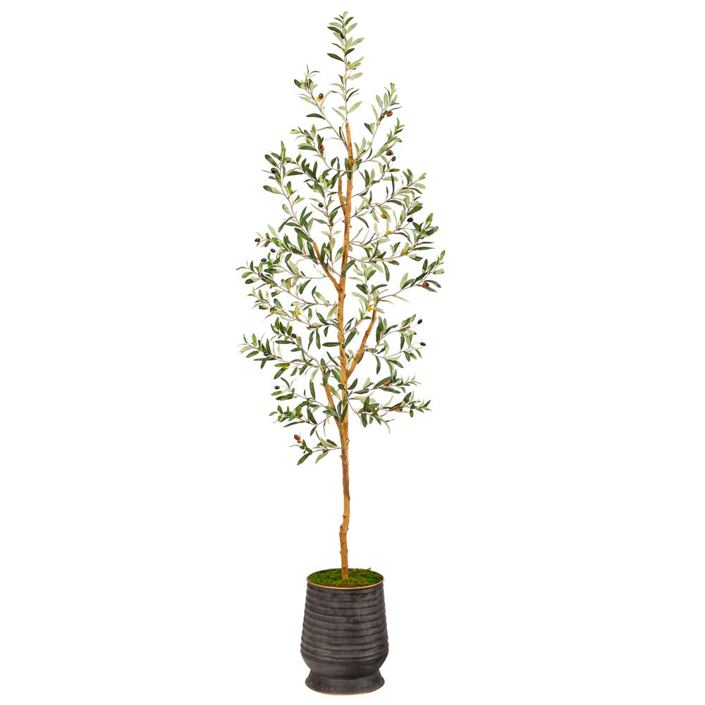 74in. Olive Artificial Tree in Ribbed Metal Planter. Picture 1