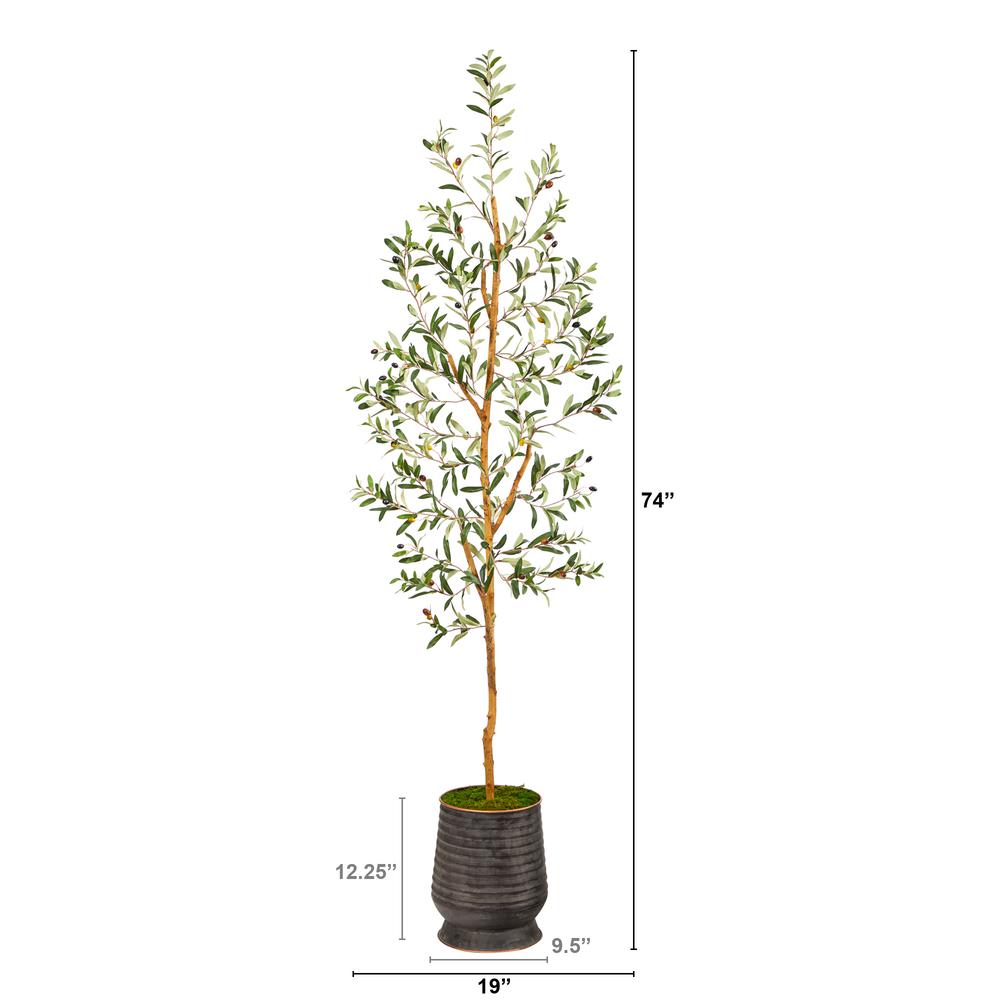 74in. Olive Artificial Tree in Ribbed Metal Planter. Picture 2
