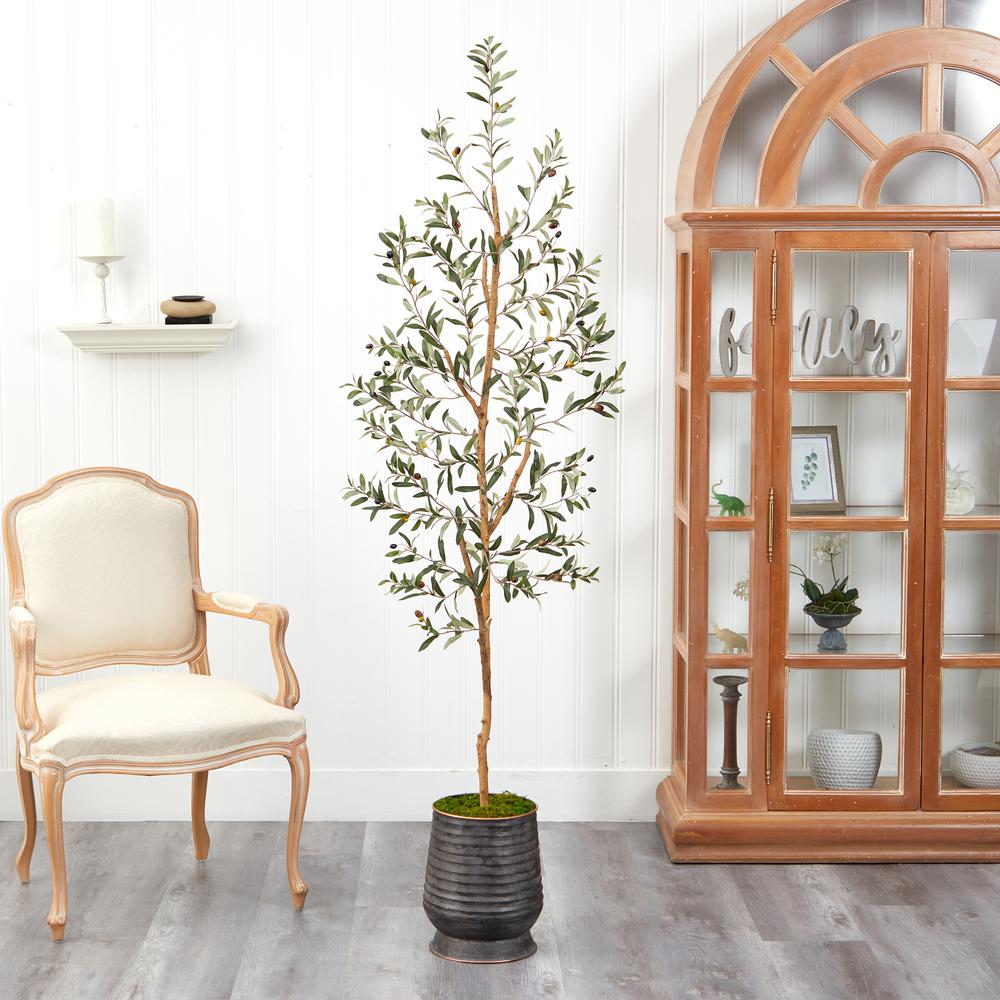74in. Olive Artificial Tree in Ribbed Metal Planter. Picture 3