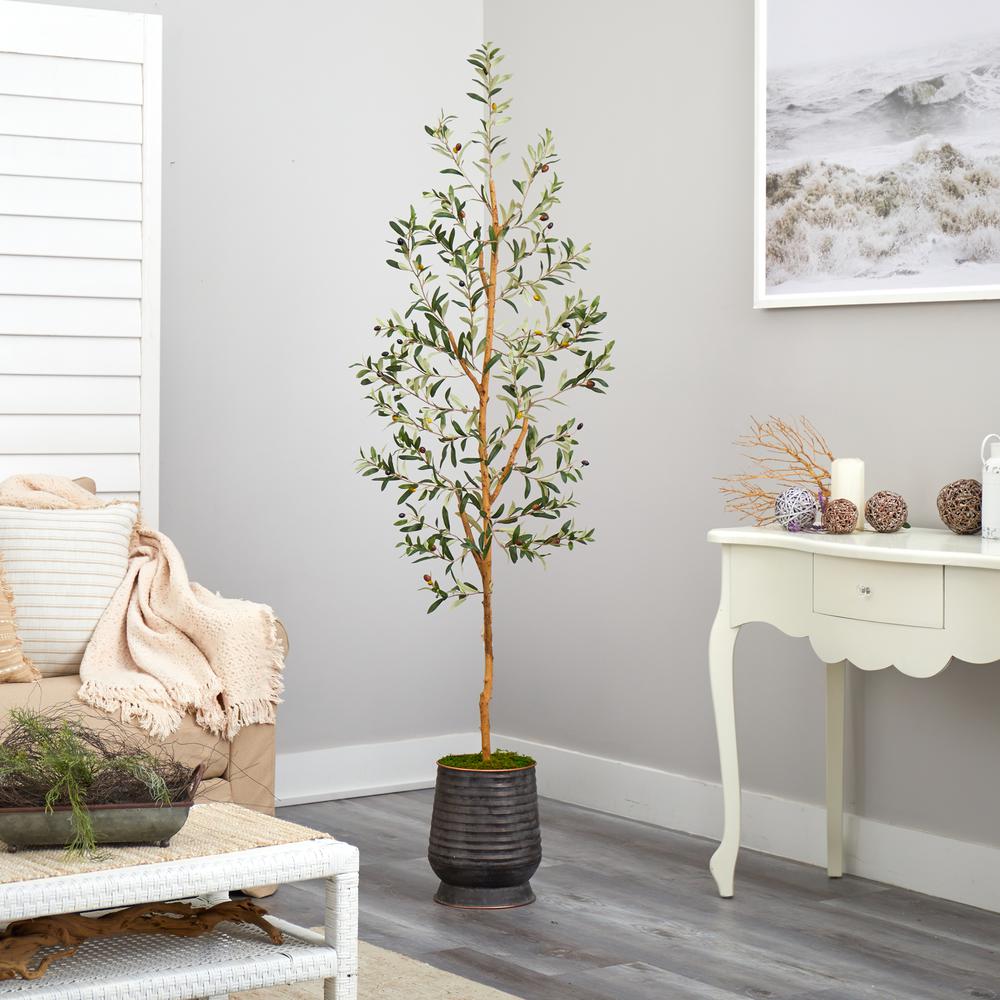 74in. Olive Artificial Tree in Ribbed Metal Planter. Picture 4