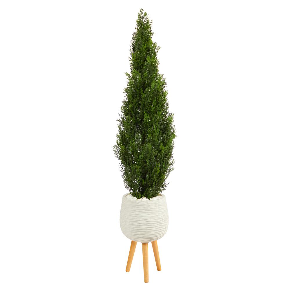 5ft. Cedar Artificial Tree in White Planter with Stand (Indoor/Outdoor). Picture 1