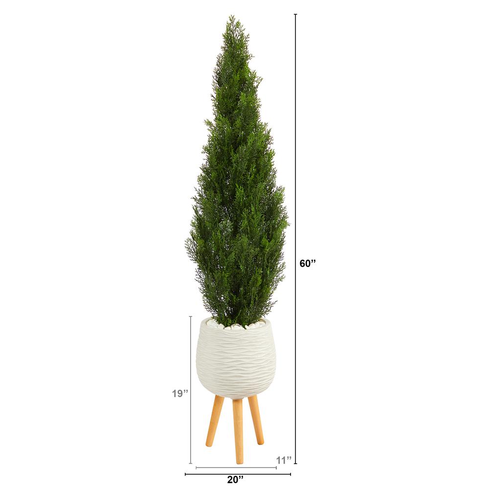 5ft. Cedar Artificial Tree in White Planter with Stand (Indoor/Outdoor). Picture 2
