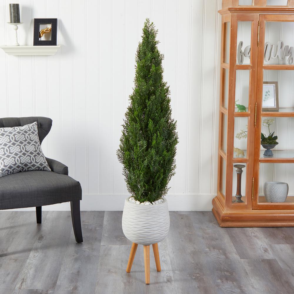 5ft. Cedar Artificial Tree in White Planter with Stand (Indoor/Outdoor). Picture 3
