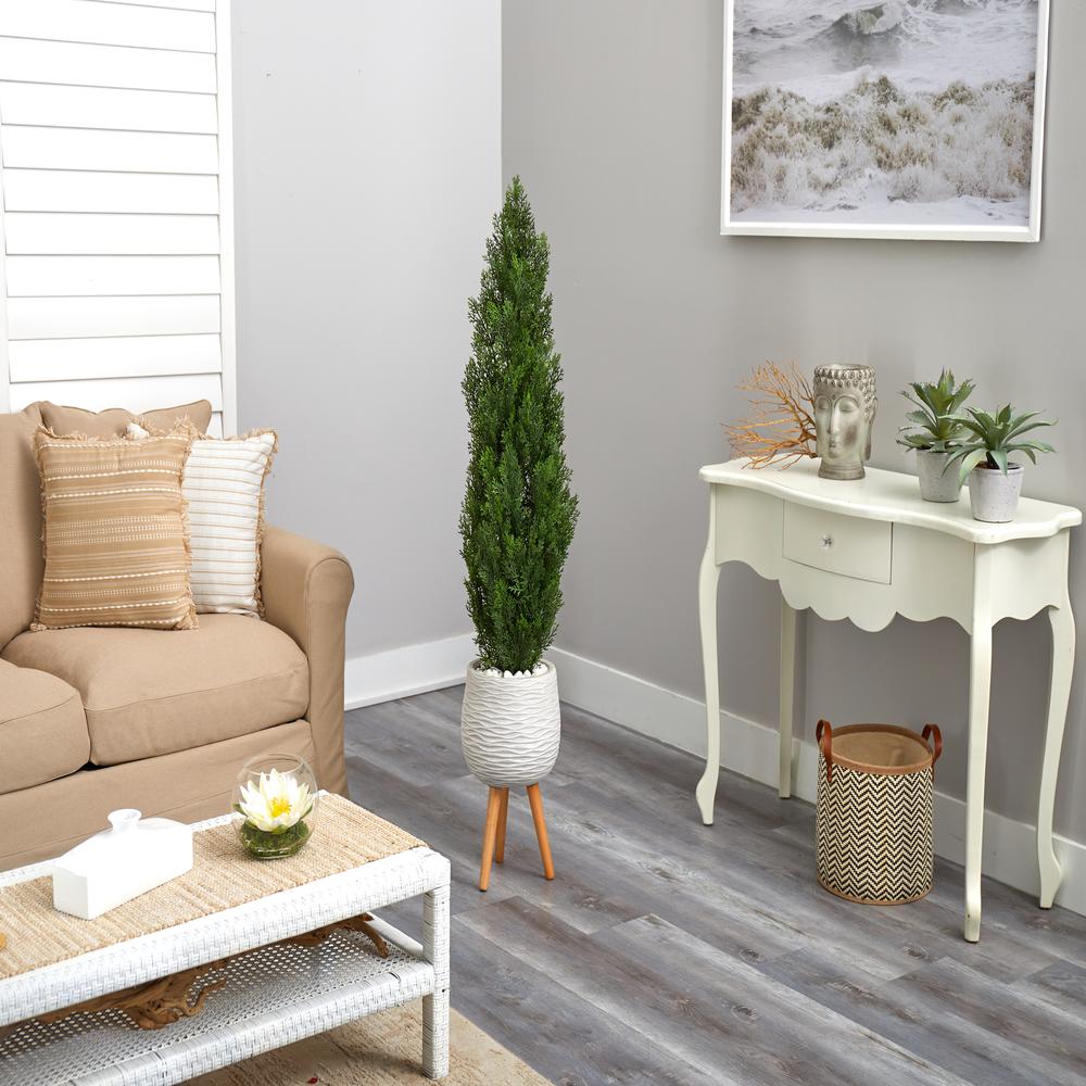 5ft. Cedar Artificial Tree in White Planter with Stand (Indoor/Outdoor). Picture 4