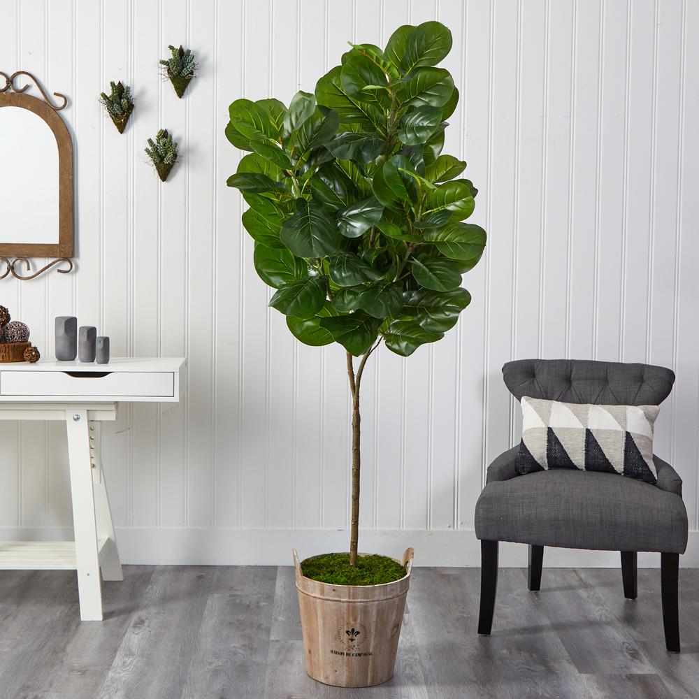 74in. Fiddle leaf Fig Artificial Tree in Farmhouse Planter. Picture 3