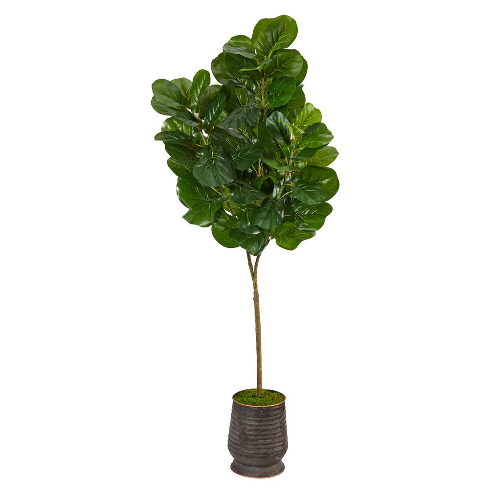 74in. Fiddle leaf Fig Artificial Tree in Ribbed Metal Planter. Picture 1