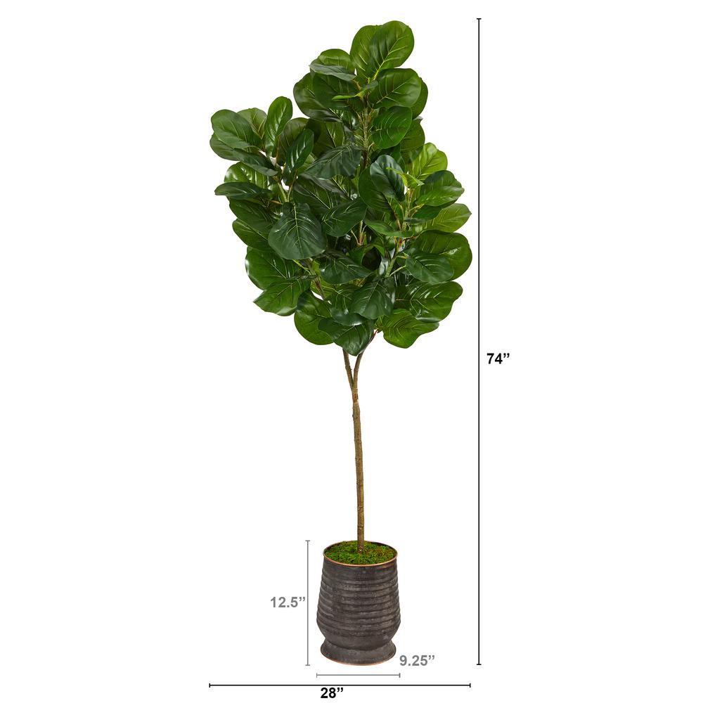 74in. Fiddle leaf Fig Artificial Tree in Ribbed Metal Planter. Picture 4