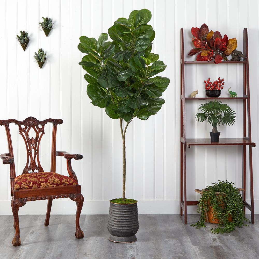 74in. Fiddle leaf Fig Artificial Tree in Ribbed Metal Planter. Picture 2