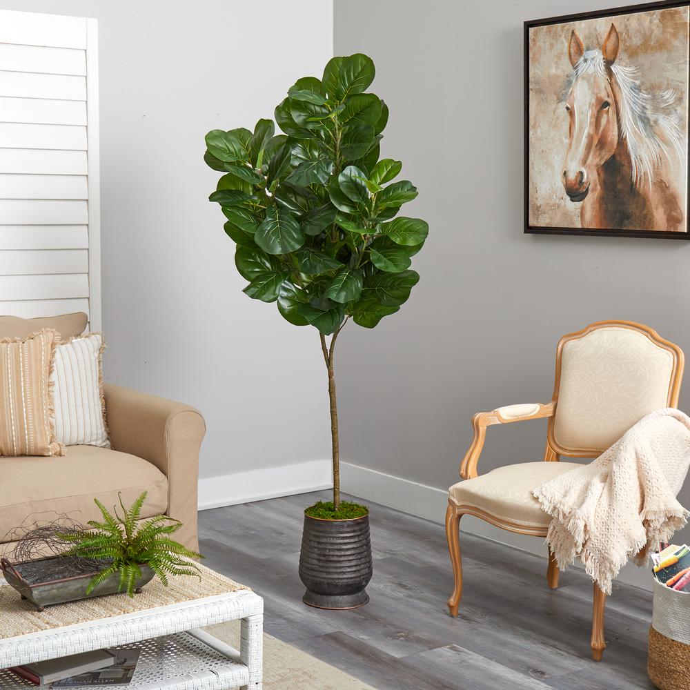 74in. Fiddle leaf Fig Artificial Tree in Ribbed Metal Planter. Picture 3
