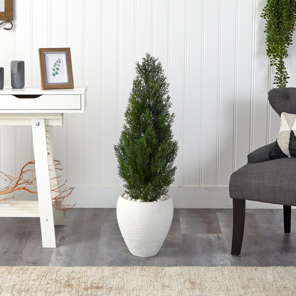 3.5ft. Mini Cedar Artificial Pine Tree in White Planter (Indoor/Outdoor). Picture 3