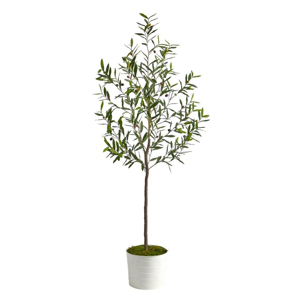 70in. Olive Artificial Tree in White Tin Planter. Picture 1