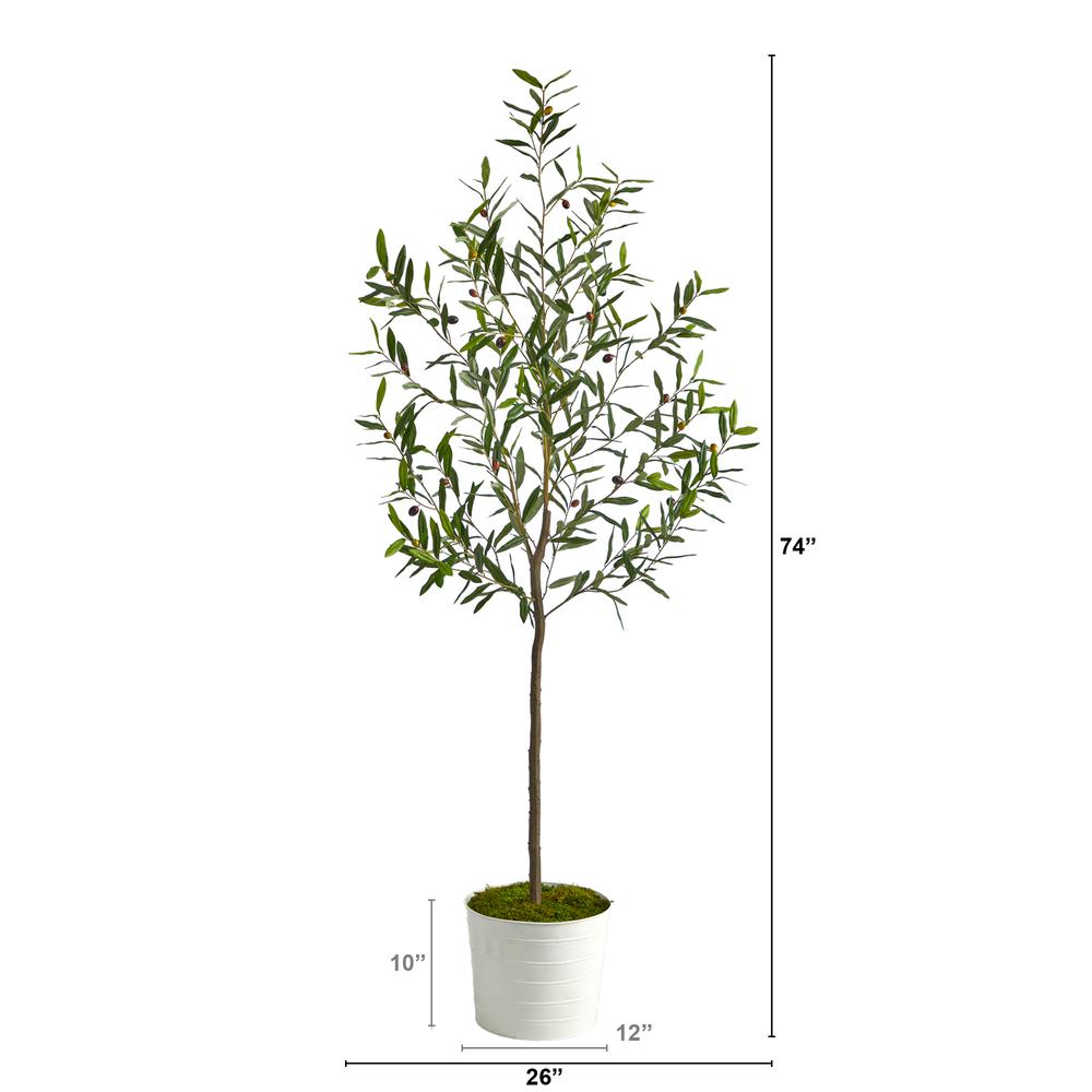 70in. Olive Artificial Tree in White Tin Planter. Picture 3