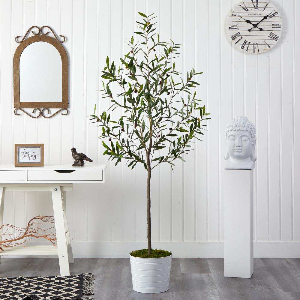 70in. Olive Artificial Tree in White Tin Planter. Picture 4