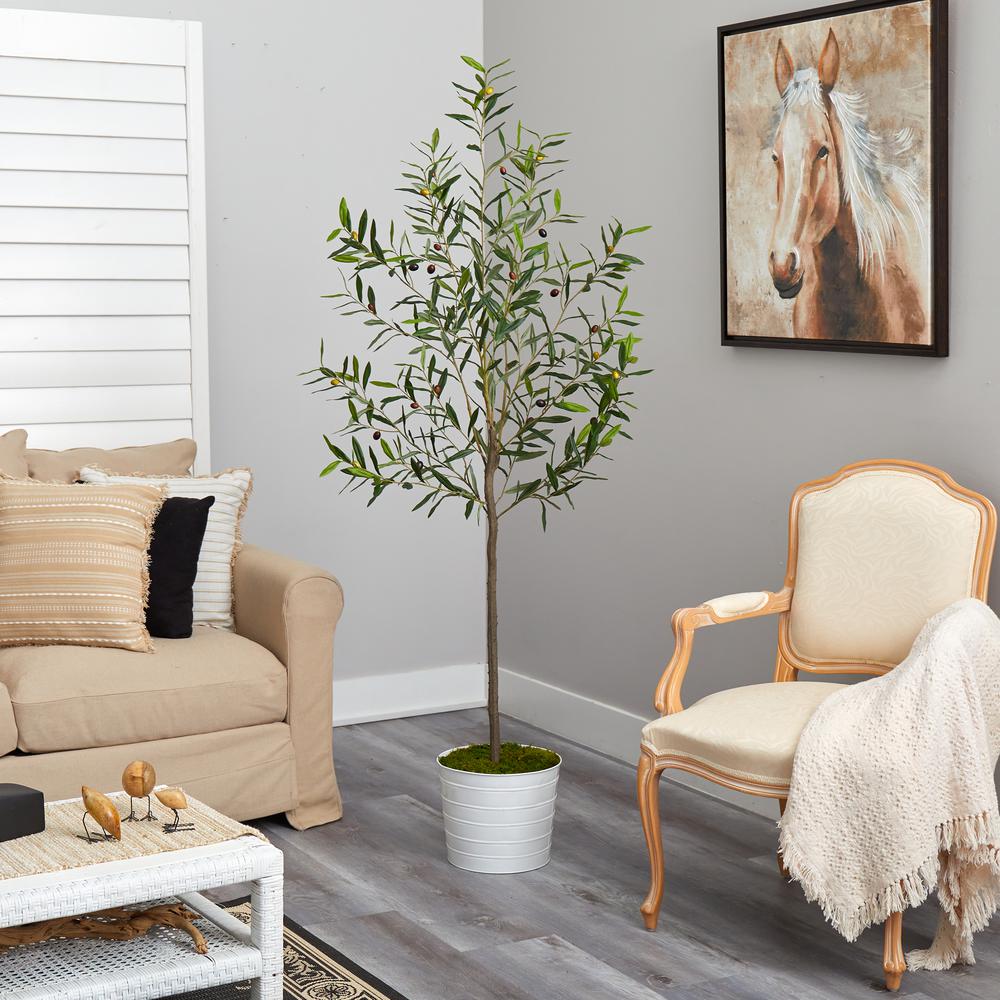 70in. Olive Artificial Tree in White Tin Planter. Picture 2