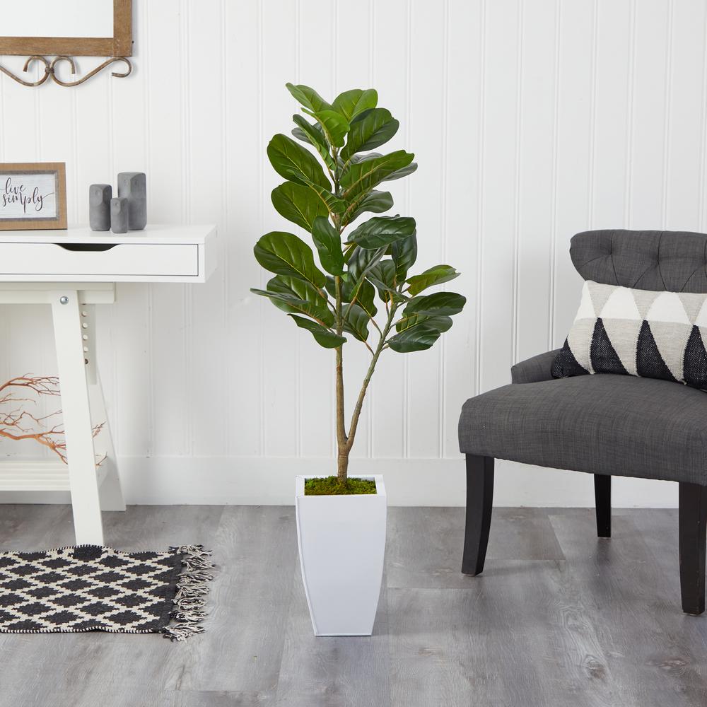 4ft. Fiddle Leaf Fig Artificial Tree in White Metal Planter. Picture 3