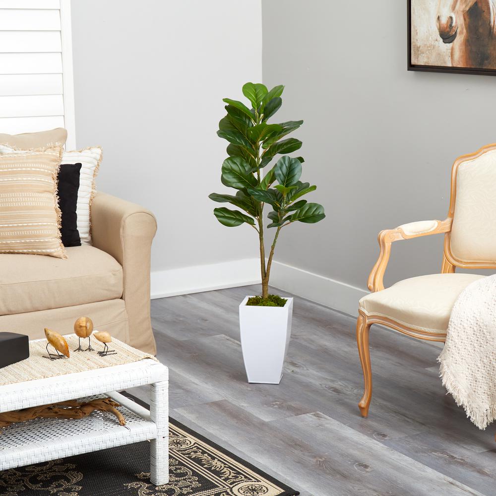 4ft. Fiddle Leaf Fig Artificial Tree in White Metal Planter. Picture 2