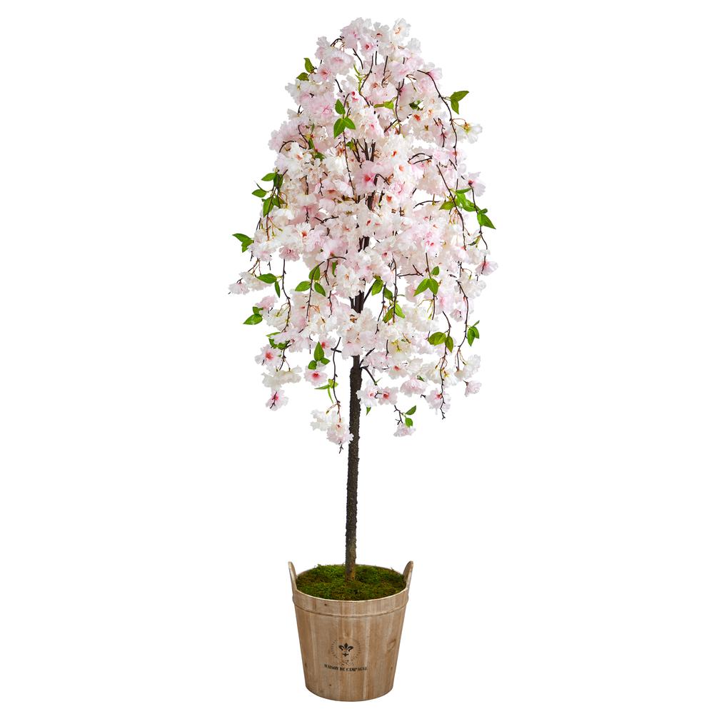 70in. Cherry Blossom Artificial Tree in Farmhouse Planter. Picture 1