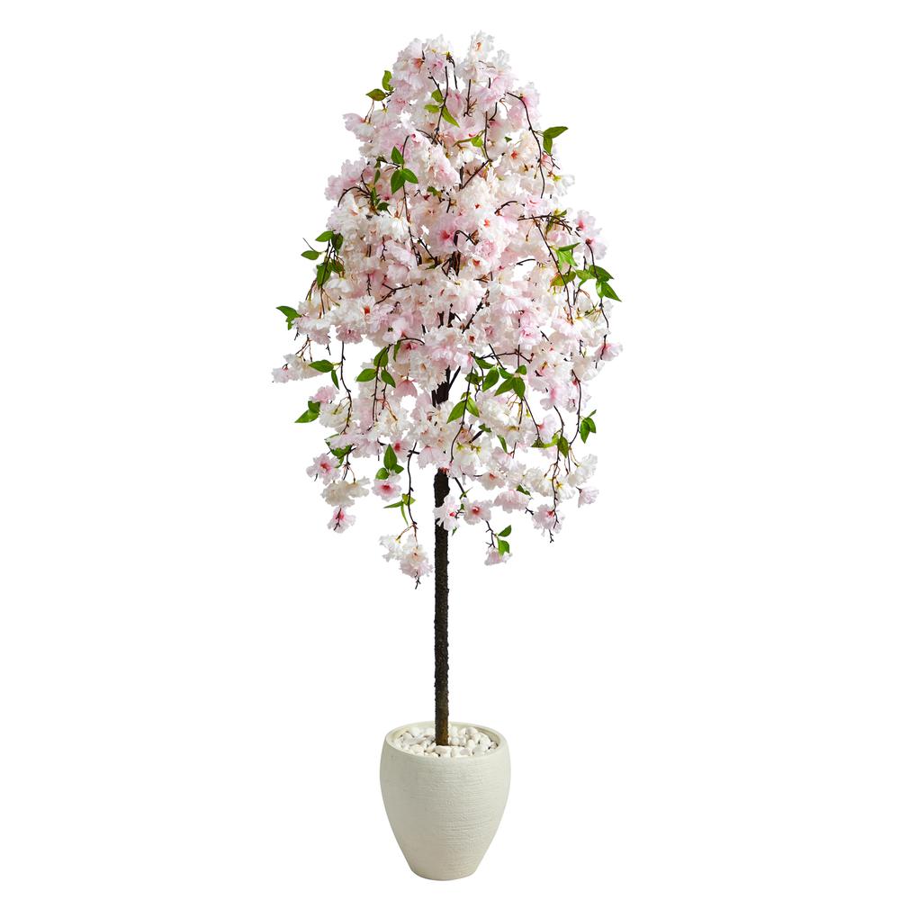 70in. Cherry Blossom Artificial Tree in White Planter. Picture 1