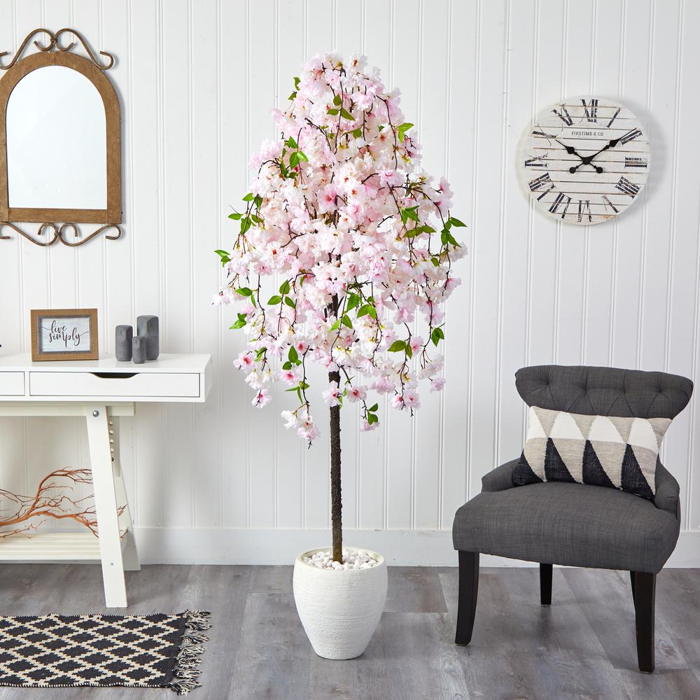 70in. Cherry Blossom Artificial Tree in White Planter. Picture 3