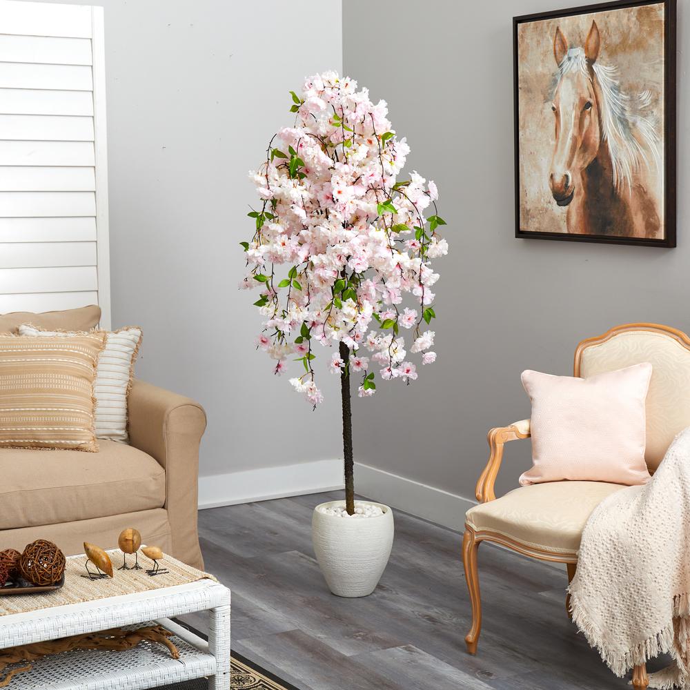 70in. Cherry Blossom Artificial Tree in White Planter. Picture 4